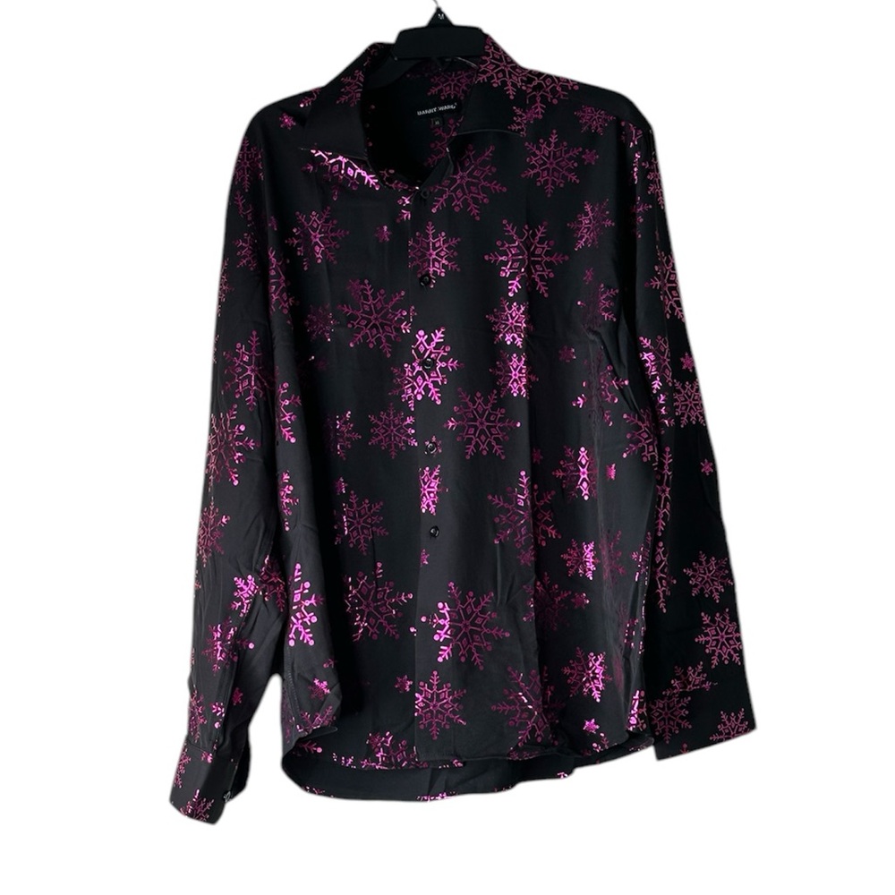 NWOT Barry Wang Black Pink Snowflake Button Down Shirt Size XL